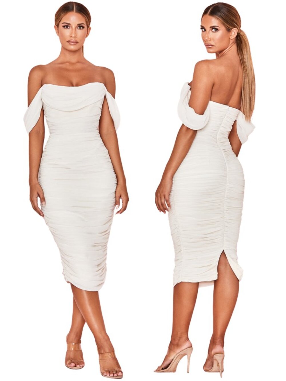 House of CB Carlotta Ruched Draped Chiffon Dress Womens XS Ivory Formal Cocktail